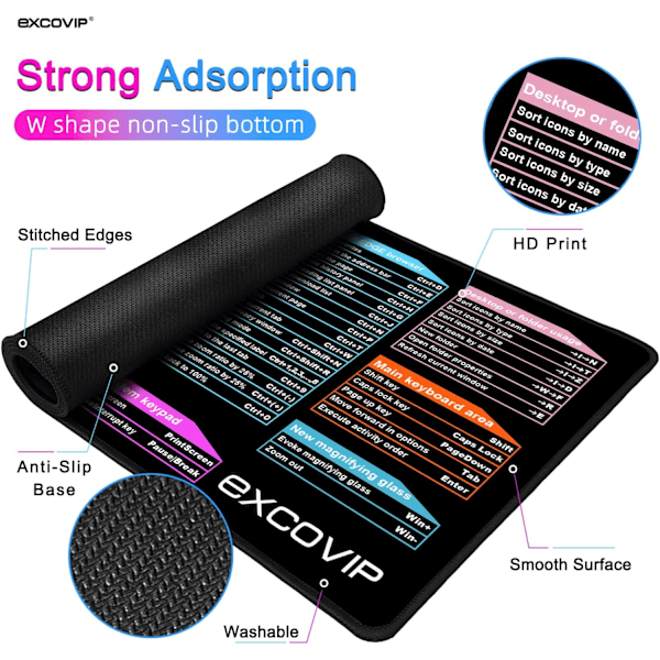 Stor Gaming Mousepad, Lang XXL Mousepad, Kontor Shortcut Mousepad, Udvidet Computer Mousepad/Skrivebordsmatte med Syet Kant til Gamer, Kontor, Hjem Office Shortcuts A 800x300mm