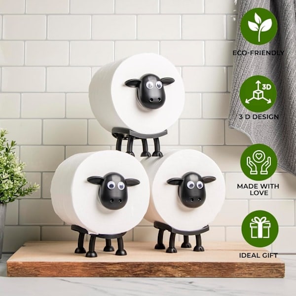Toiletpapirholder med Får - Sjov 3D-Printet Sort Får Toiletpapirholder Sød Badeværelsesdekoration 3-delt Sæt