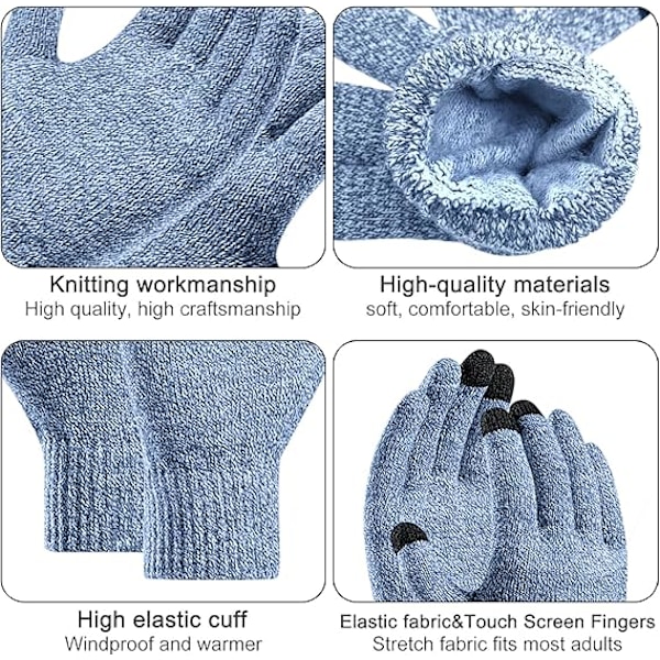 Vinter Unisex Beanie Hatt, Skjerf og Hansker Sett, Elastisk Strikket Hatt Langt Skjerf Berøringsskjermhansker Med Tykk Fleece Innerfôr for Menn og Kvinner Light Blue