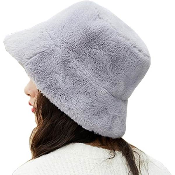 Dam trendig hink med mjuk fuskpäls fluffig tjock bred brätte härlig vinter varm hatt för flickor Gray One Size