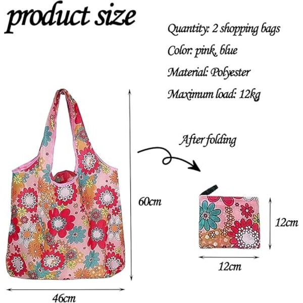 2 stycken återanvändbara shoppingkassar, miljövänliga vändbara shoppingkassar, blommig pastoral stil handväska (rosa, blå)