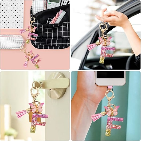 Alfabetet nøglering ringe Pink Cute nøglering med sommerfugl kvast vedhæng indledende bogstaver F