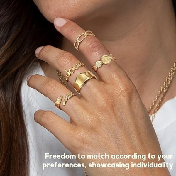 18K Forgylte Ringe for Kvinner Rustfritt Stål Statement Ringe Pakke Stablebare Boho Midi Ringe Justerbar Åpen Ring Band Twisted Signet Ringe Gull