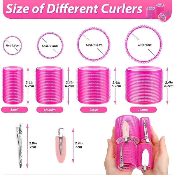 SQCLV Hårrollers Locktänger 48 st Set med 24 st Hårrollers 4 Storlekar (6 Jumbo Rollers/6 Stora Rollers/6 Medium Rollers/6 Små Rollers) och 24 st Ha Pink