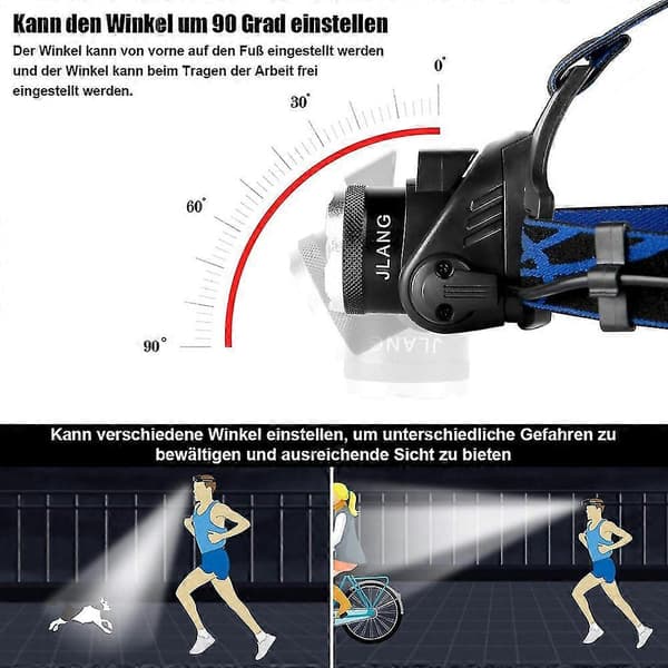 Lommelykt, USB-oppladbar LED-hodelykt, vanntett T6-frontlykt