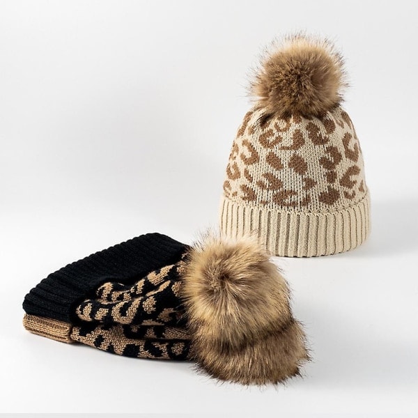 Dametøj Leopard Print Pom Pom Strikket Hue Varmt Uldhat Vinter Slouchy Beanie