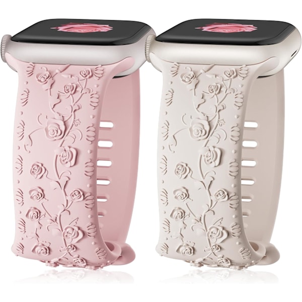 Gravert Rem for Apple Watch-reimer, iwatch-reim Kvinner, Myk Silikon Rose Blomstermønster Bånd for iWatch Series-reim Starlight/Pink Sand 38/40/41mm