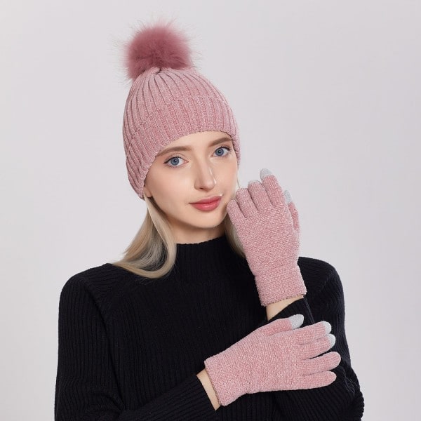 Stickad mössa damer ny Chenille ullmössa handskar set förtjockad varm fluffig mössa höst och vinter Läder Leather pink