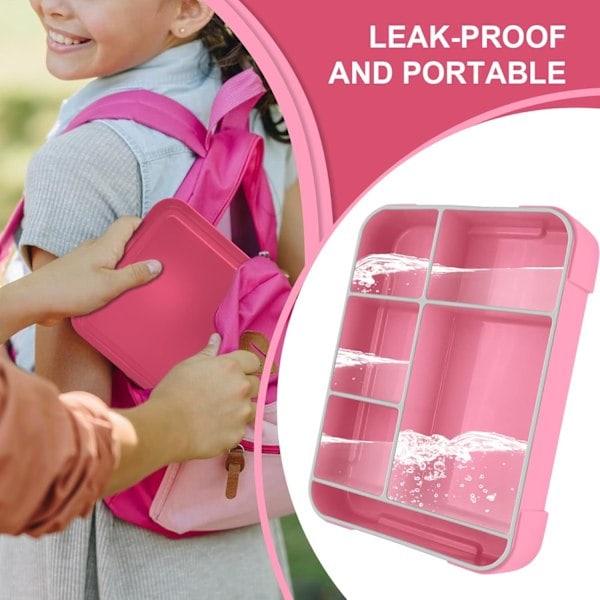 Bento Matlåda Barn, Bento Matlåda Vuxna med 5 Fack och 2 Salladsdressingbehållare Pink