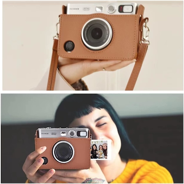 Mini EVO Kameraetui Kompatibel med Fuji Instax Mini EVO Instantkamera med Justerbar Skulderrem i Brun Lychee-Tekstur Horisontal Stil