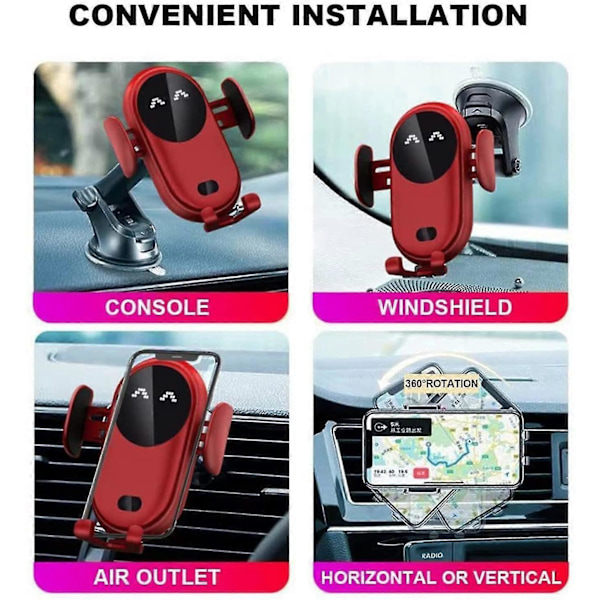 10w Trådløs Biloplader Holder til Telefon Hurtig Opladningssensor Red