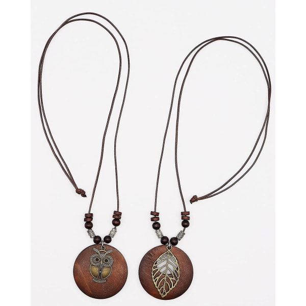 2 st trähänge halsband med uggleblad berlocker långa vaxrep kedja halsband handgjorda smycken halsband för kvinnor gåva