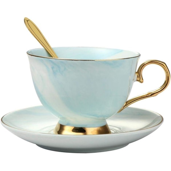 Marmor Keramisk Kopp och Fat Set Kameliamönstrad Benporslin Kaffemugg Tekopp Guldkanter med Kaffekopp, Fat och Sked, 200ml (Blå)