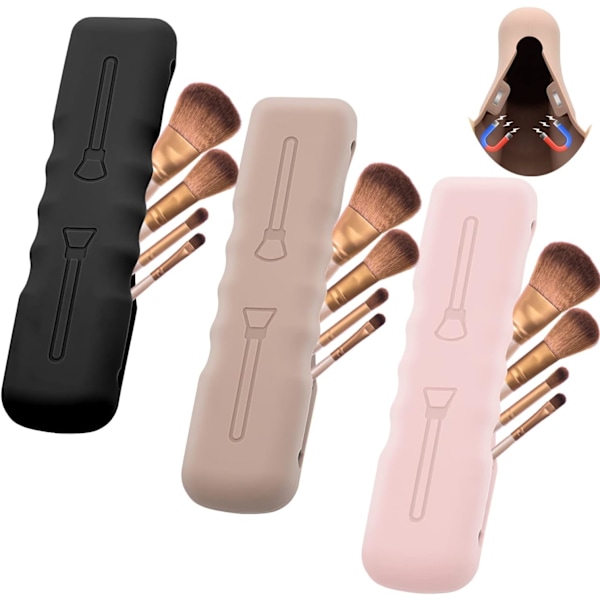 Sminkebørste-svamp-holder, Silikon Sminkebørste-deksler Bag Reise Beauty Blender Holdere Sugd Tørkestativ, Magnetisk Sminkebørste-etui Organizer Black+pink+khak