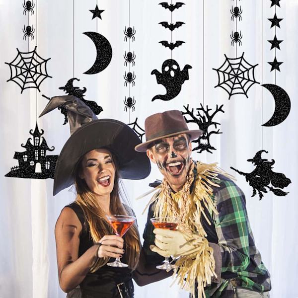Halloween fladdermus spindel hängande kit, 12 st Halloween prydnader svart glitter fladdermus häxa spindelnät spöke banderoll girlang, läskiga tema väggdekaler hängande