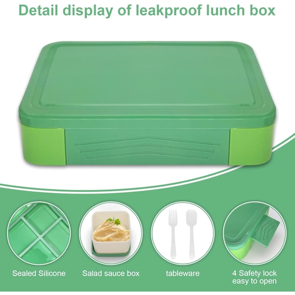 Bento Lunch Box Barn, Bento Lunch Box Vuxna med 5 Fack och 2 Salladsdressingbehållare Green