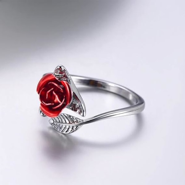 Rosering Röd Blomma Ros Fingerband Öppna Ringar för Kvinnor Flickor