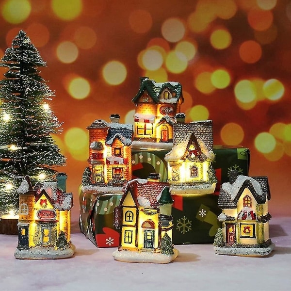 6 Julebyhuse med belysning, julepynt, 5,5 * 4,5 * 8 cm
