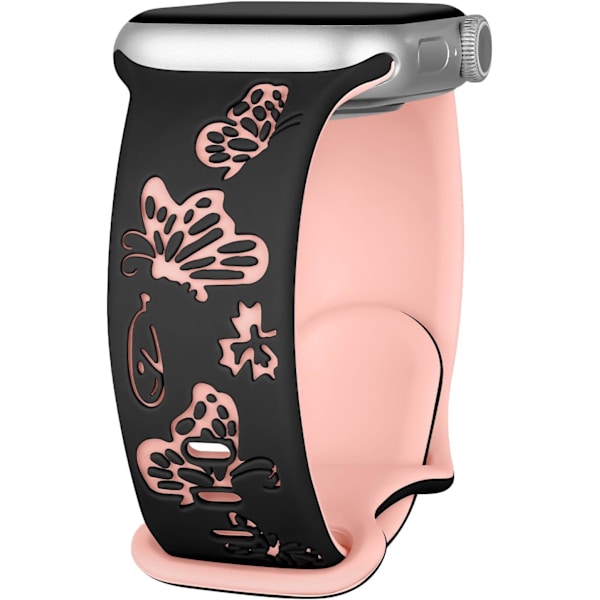 Blommig graverad rem för Apple Watch-remmar, damklockarmband, silikonblommig fjäril sportband för Apple Watch-serien Black Pinksand 42/44/45mm