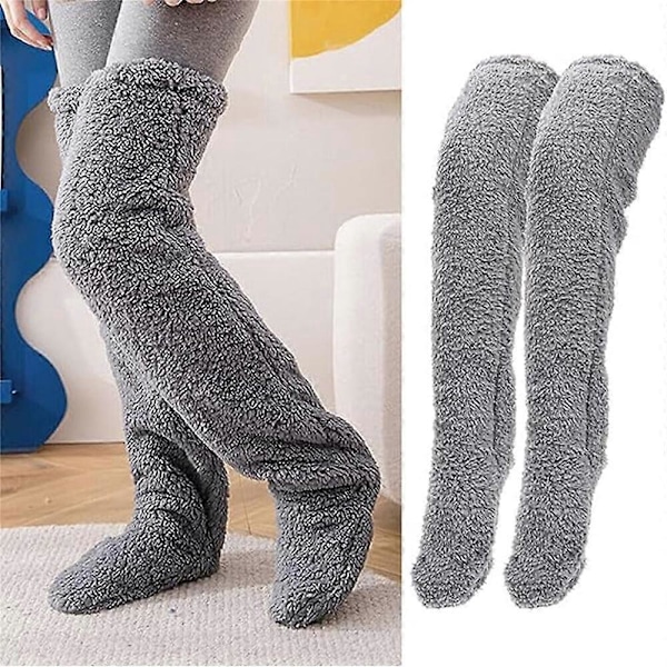 Vinter Varma Socktofflor, Dam Fuzzy Fluffy Mysiga Varma Över Knä Långa Sovkängor Mjuka Tofflor Light Gray