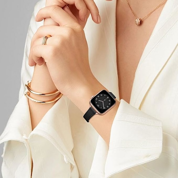 Läderarmband Kompatibelt med Apple Watch-armband Äkta Slim&Thin Läderersättningsband, Armband för iwatch Serie Kvinnor Män Black&Rose Gold 38/40/41mm