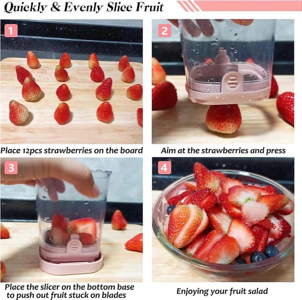 Fruktskivekopp | Jordbærskiver | Bananskiver | Avtakbar fruktskivekutter med skyveplate (rosa)