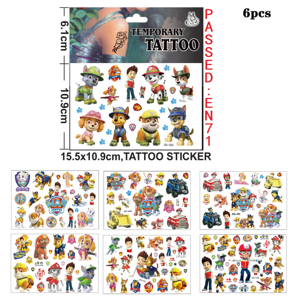 Paw Patrol -tatuoinnit, 6 arkkia tatuointeja, vedenpitävät väliaikaiset tatuoinnit lapsille, joululahja lapsille, syntymäpäivälahja, juhlakoristelu