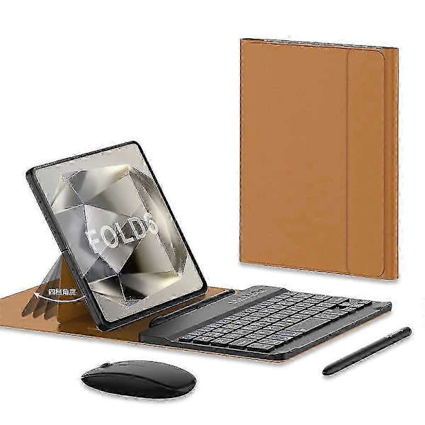 Til Samsung Galaxy Z Fold 6 Tastatur og Mus, Opgraderet Bærbart Magnetisk Bluetooth Tastatur med Læderetui og Kapacitiv Pen Brown