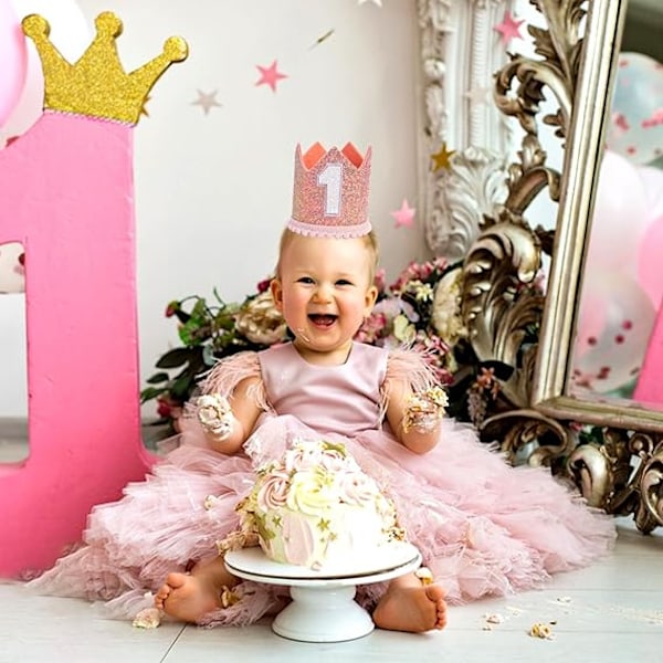 Baby Tiara Krone til 1 års fødselsdagsfest, Baby Første Fødselsdag Glitter Krone, 1 års Fødselsdag Hat Første Fødselsdag Pandebånd Fest Huer til 1 års Fødselsdag Pink