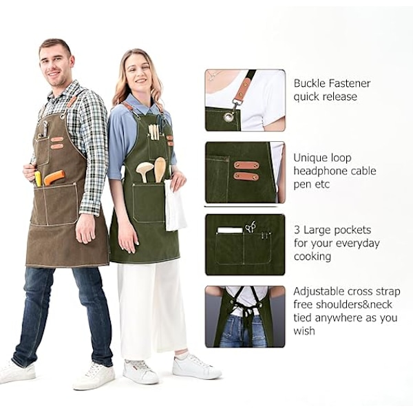 Canvas Chef Förkläde, Professionellt Verktygsförkläde, Justerbar Matlagningslapp, Kockförkläde för BBQ Hem Kök Restaurang Café Dark Green