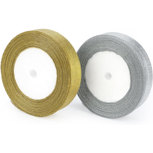 Organza presentförpackningsband, 20 mm glittrande dekorativt julband, band för presentinslagning 22 m glitter metalliskt band för julinslagningspresent Gold and Silver