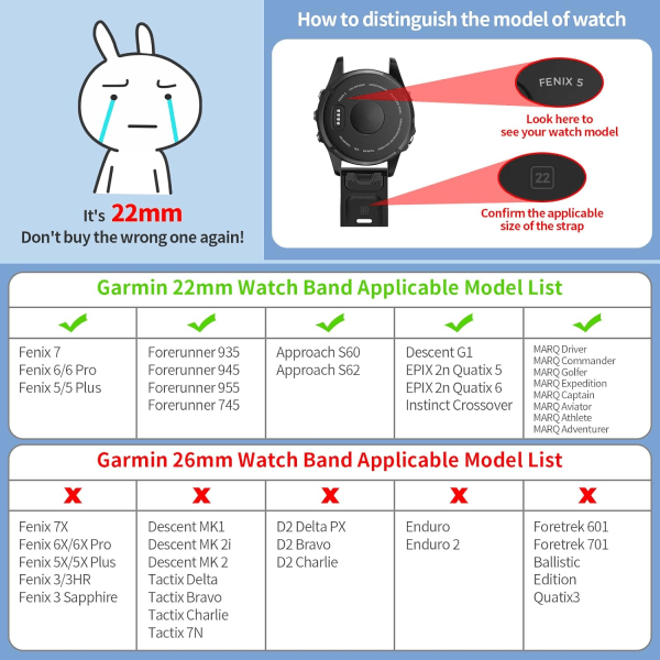 22 mm udskiftningsrem til Garmin Fenix 5/Fenix 6/Fenix 7, kompatibel med Fenix 5 Plus/Fenix 6 Pro/Forerunner 935/945/955/In