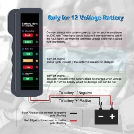 12V bilbatteritester, bilgenerator-tester, batterikontroll, analysator for kontroll av generator og batteriladesystem, LED