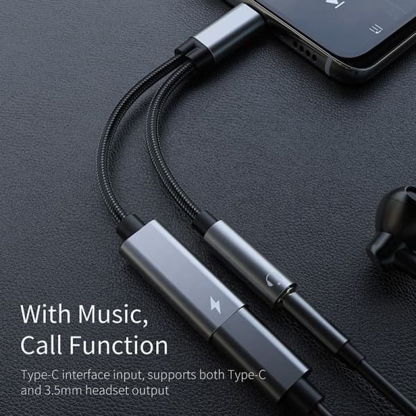 USB-C adapter til 3,5 mm hovedtelefoner og USB-C oplader Sort