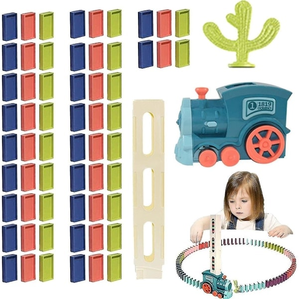 Domino Tog Leker, 60 Deler Domino Tog Byggeklosser Sett, Automatisk Domino Legging Akustisk Elektrisk Tog, Domino Tog Leker for Barn