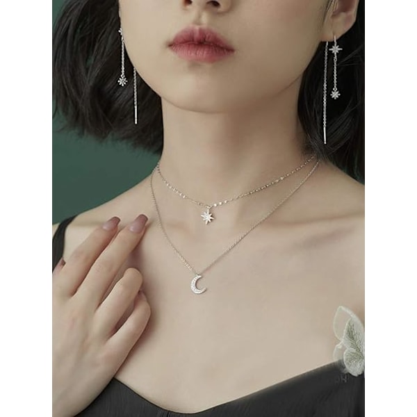 925 Sterling Sølv Lagdelt Halskjede for Kvinner Tenåringsjenter Stjerne Måne Halskjede Dobbelt Halskjeder Kjede Choker Halskjede Silver