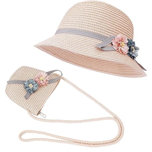 Solhatt Sommar Strand Halmhattar och Mini Söt Väska Set med Blommor Dekoration för Semester Utomhusaktiviteter Pink