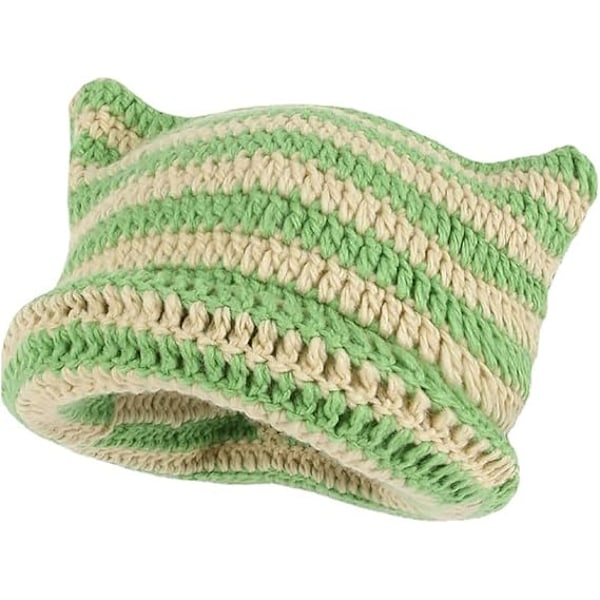 Hatt med katteører i strikket ull til kvinner, varm vinterlue med elastisk strikk, slouchy for jenter, voksne og barn Green