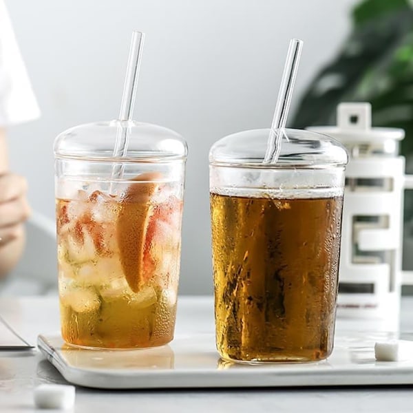 Mason Jar med Lokk og Sugerør - Boba Glasskopp Estetiske Kopper - Klare Vannflasker Gjenbrukbar Kopp med Lokk og Sugerør