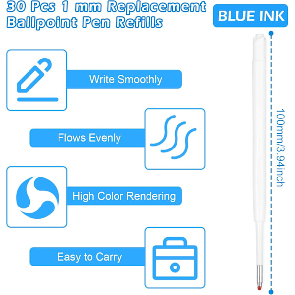 30 stk. Blækpen-efterfyldninger, udskiftelige kuglepen-efterfyldninger med glat skriftkuglepen-efterfyldninger 1 mm indtrækkelige pen-efterfyldninger til kuglepenne 1mm blue refill 30Pcs