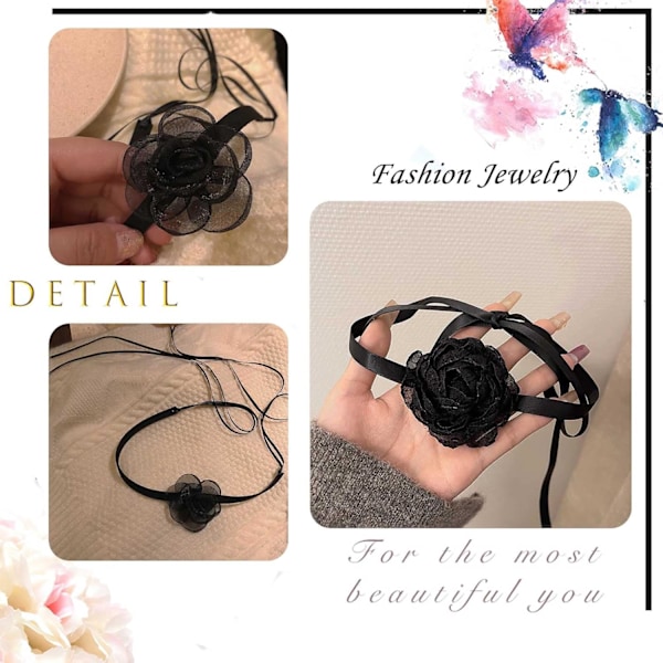 Bohemsk fløyel choker langt bånd sateng blomst krage halskjede sexy svart kamelia choker kostyme smykker tilbehør for kvinner og jenter 1