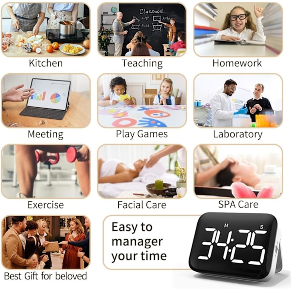 Digital Kjøkken Timer - Magnetisk Nedtelling og Opptelling med Stor LED-Skjerm, Høy Lydstyrke og 2 Lysstyrker, Perfekt for Barn, Lærere og Eldre