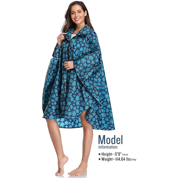 Sadetakki Poncho Hupullinen Aikuisille Taskuilla, L (tumman sininen kukkakuvio)