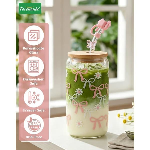 Set med 2 Bubble Tea-glas 500 ml - Rosa borosilikatglas med lock och sugrör - Matcha-kopp för kaffe