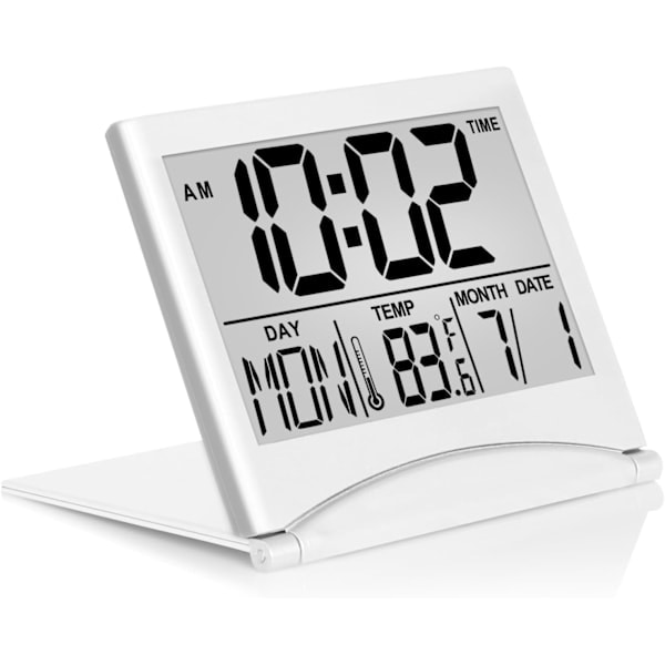 Digital resealarmklocka - Fällbar kalendertemperatur LCD-klocka med snooze-läge - Stor sifferdisplay, batteridriven (silver, ingen bakgrundsbelysning)