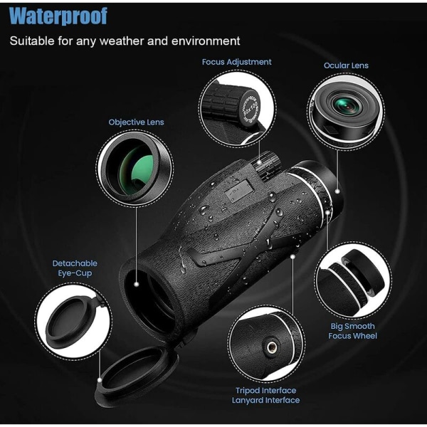 Monokular 80x100 Høy Effekt HD Monokular Starscope Monokular med Smarttelefonholder og Vanntett Stativ for Fugletitting, Jakt, Reise
