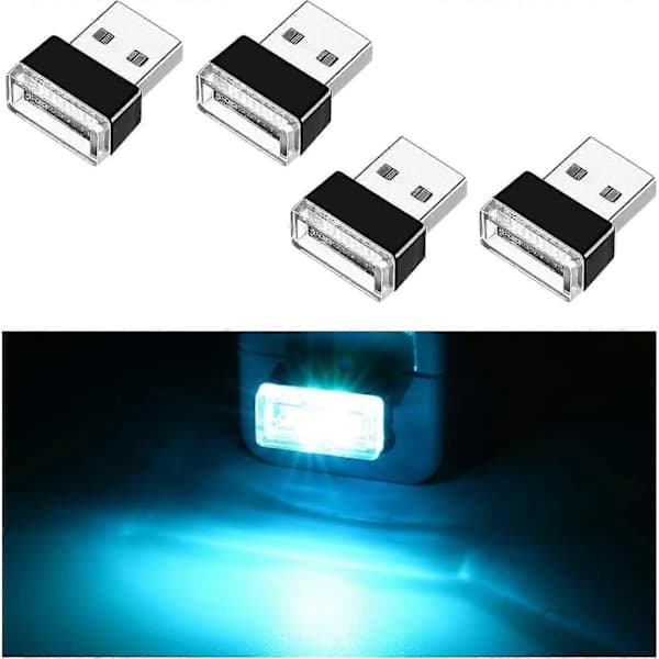 4 stk. USB LED Bil Lys, Mini USB Bil Lys, Plug-in USB Interface Bagagerums Stemningsbelysning Bærbar Natlampe Ice blue
