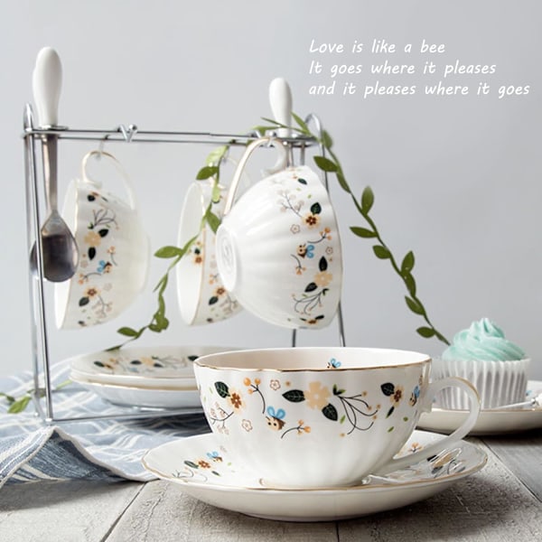 Blomster- och Bie-Teekoppar och Fat, Kaffe Benporslin Mugg 1 Set (1 Kopp och 1 Tallrik)