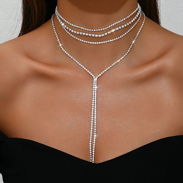 Rhinestone Halskjeder Sølv Lagdelt Halskjede Krystall Halskjede Kjeder Bryllupstilbehør for Kvinner A