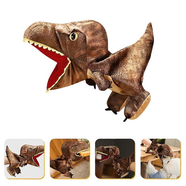 Plys dinosaur hånddukke til historiefortælling med 2 stk. brune hånddukker
